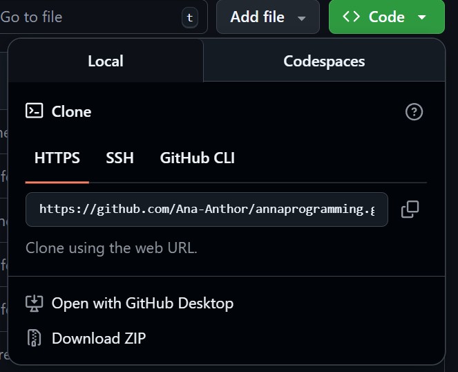 Showing the GitHub menu that appears after clicking the button 'Code', and then selecting 'HTTPS'. It shows the projects web URL.