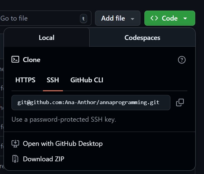 Showing the GitHub menu that appears after clicking the button 'Code', and then selecting 'SSH'. It shows the projects link.