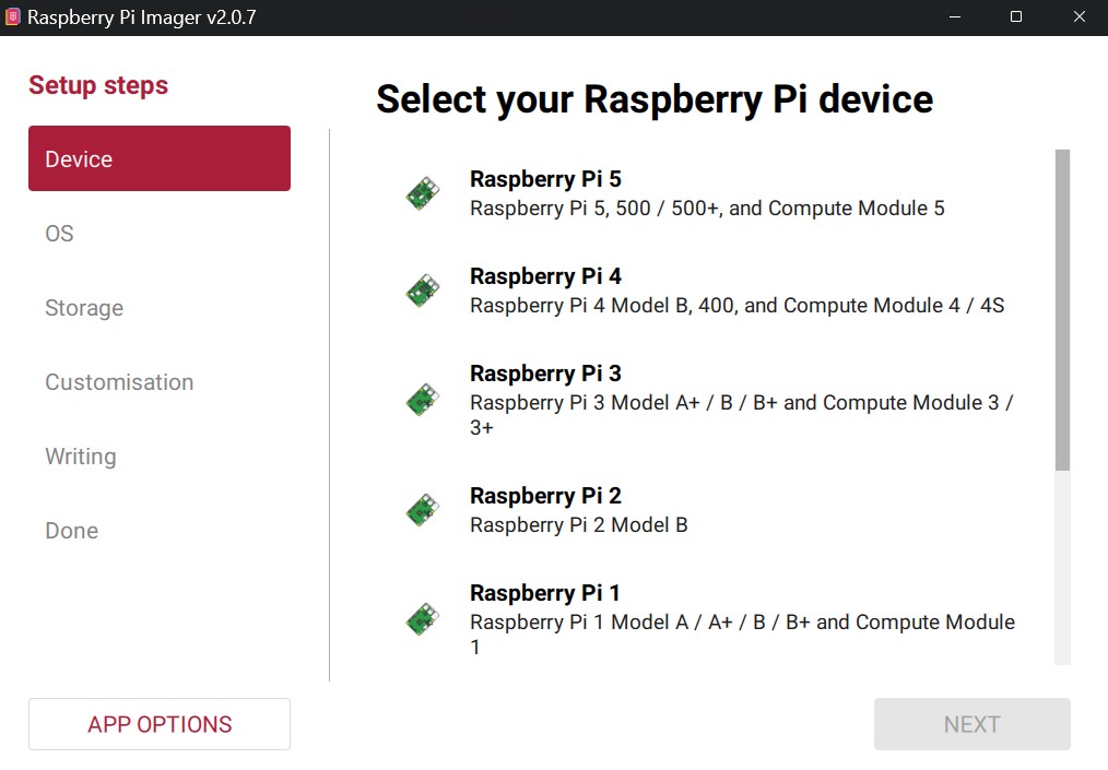 Raspberry Pi Imager showing a list of devices. Raspberry Pi 5 is at the top.