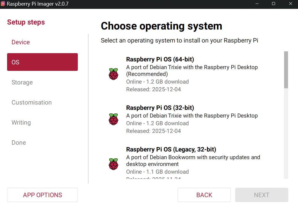 Raspberry Pi Imager showing operating system options. Raspberry Pi OS (64-bit) is highlighted.